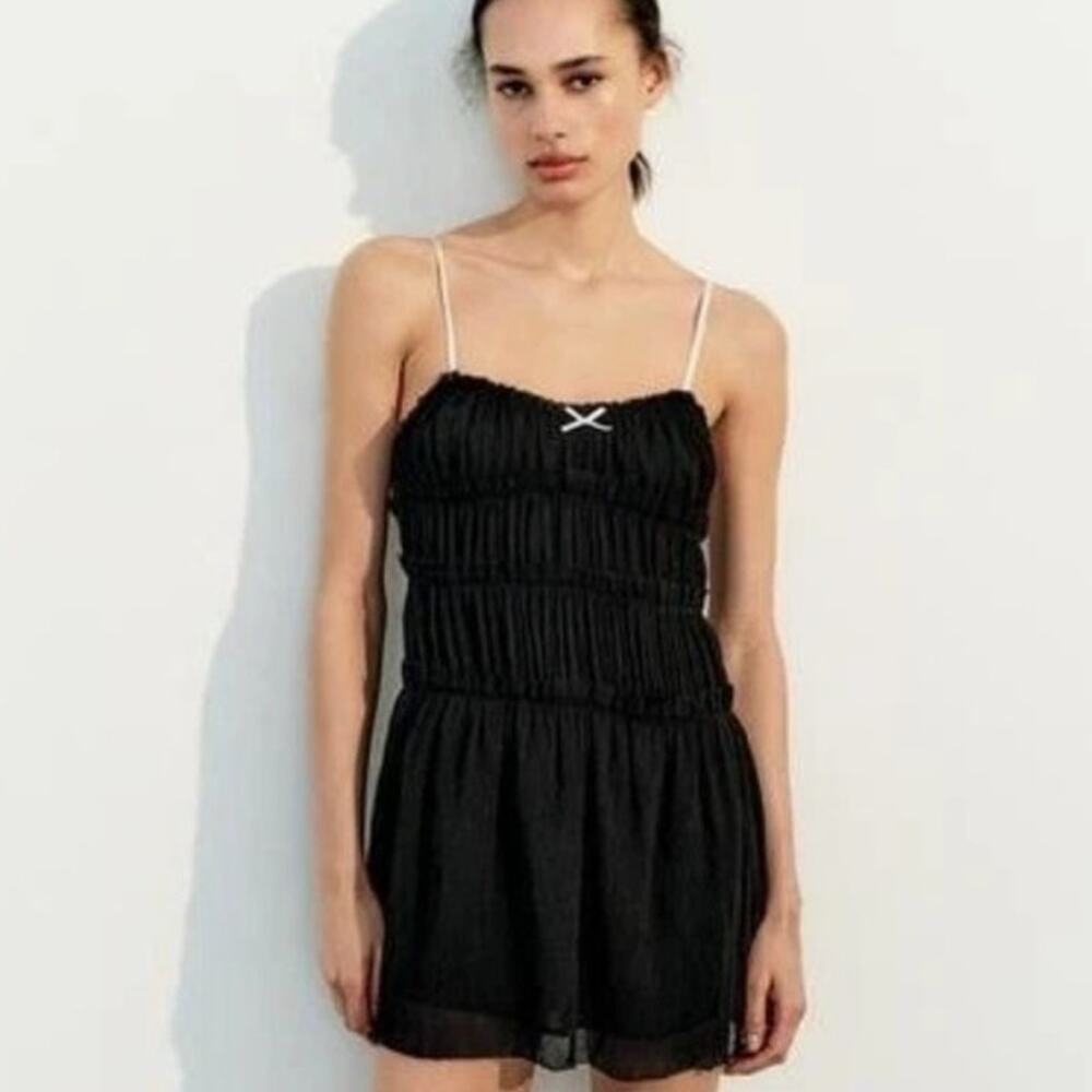 Zara Black Cami Dress Womens XL Pleated Camisole Mini Chiffon Tiered Bow